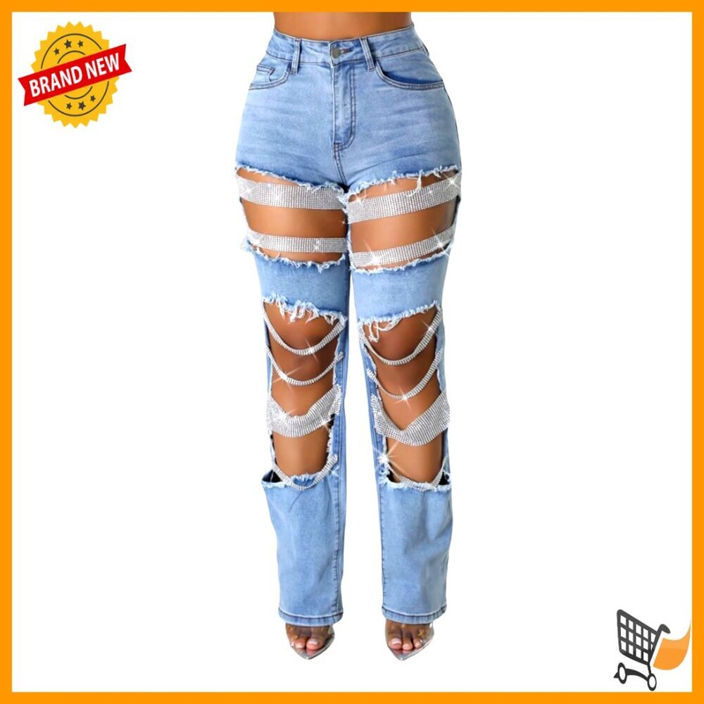 High Waisted Ripped Jeans with Rhinestones Pearl Chains Distressed Baggy Denim
